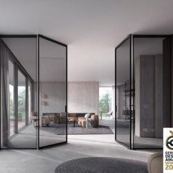 Pivottür S1200; German Design Award Winner 2025; Füllung: Sicherheitsglas (ESG) Grau Klar / Parsol® Grau; Profilfarbe: Schwarz matt pulverbeschichtet; Griff: Quader Hohlkehle (beidseitig), Schwarz matt pulverbeschichtet 

Solitär Creo wandhängend; Profilfarbe: Schwarz eloxiert; Oberfläche: Urban Structures Hickory Black

Hinge Door S1200; German Design Award Winner 2025; Panel: Safety glass (tempered glass) Gray Clear / Parsol® Gray; Profile colour: Black matt powder-coated; Handle: Concave Handle (on both sides), Black matt powder-coated

Solitaire Creo wall-mounted; Profile colour: Black anodised; Surface: Urban Structures Hickory Black